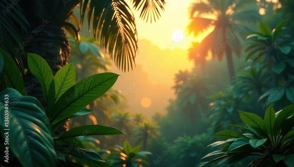 Misty jungle foliage glowing softly in the fading light, soft golden light, tropical leaf background Misty jungle foliage glowing softly in the fading light, soft golden light, tropical leaf background