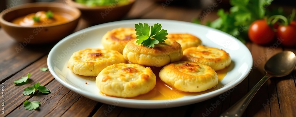 White plate with litti, ghee and coriander chutney, litti, Indian cuisine, utensils White plate with litti, ghee and coriander chutney, litti, Indian cuisine, utensils