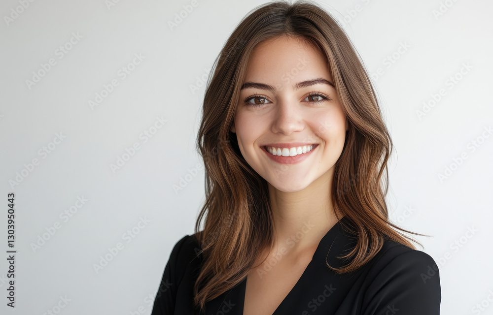 Young woman smiling confidently in a bright, minimalistic studio setting, exuding positivity Young woman smiling confidently in a bright, minimalistic studio setting, exuding positivity