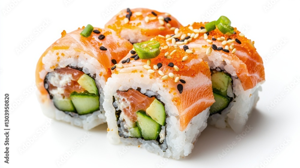 A delicious sushi roll featuring fresh salmon, cucumber, and sesame seeds, beautifully arranged for a delightful culinary experience. A delicious sushi roll featuring fresh salmon, cucumber, and sesame seeds, beautifully arranged for a delightful culinary experience.