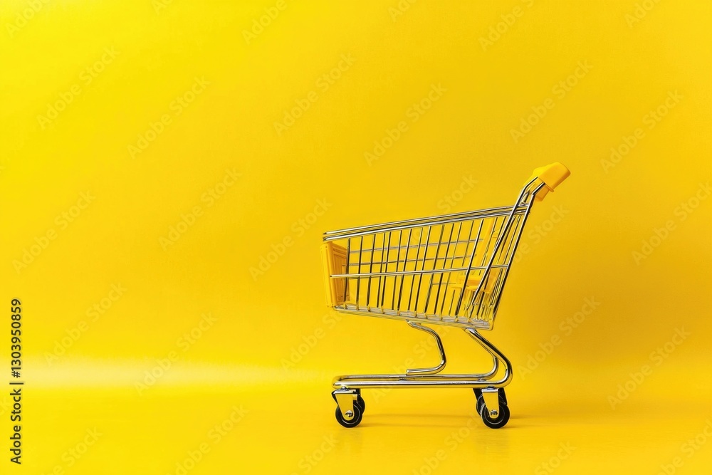 A yellow background with a shopping cart on it, in a studio shot, high-resolution photography, a high-quality photo, stock photo, stock images. A yellow background with a shopping cart on it, in a studio shot, high-resolution photography, a high-quality photo, stock photo, stock images.