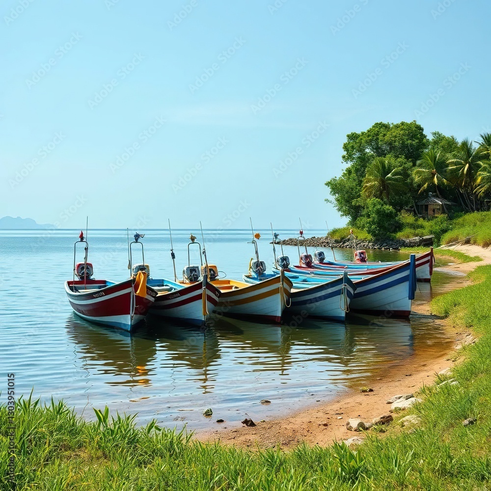 Boats moored near the shore with trees and grass, water, grass Boats moored near the shore with trees and grass, water, grass