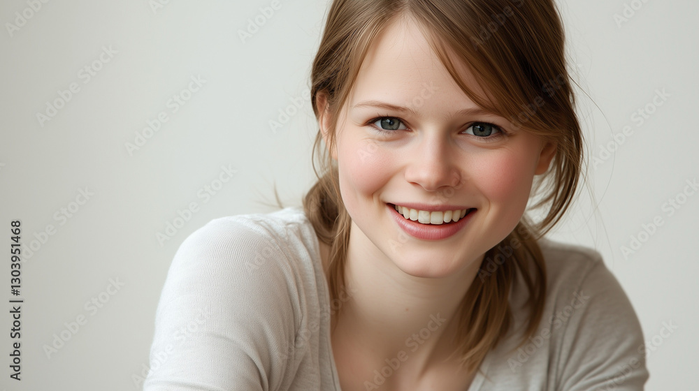 Young woman smiling warmly, casual style, soft light, white background. Radiant simplicity and genuine joy. Young woman smiling warmly, casual style, soft light, white background. Radiant simplicity and genuine joy.