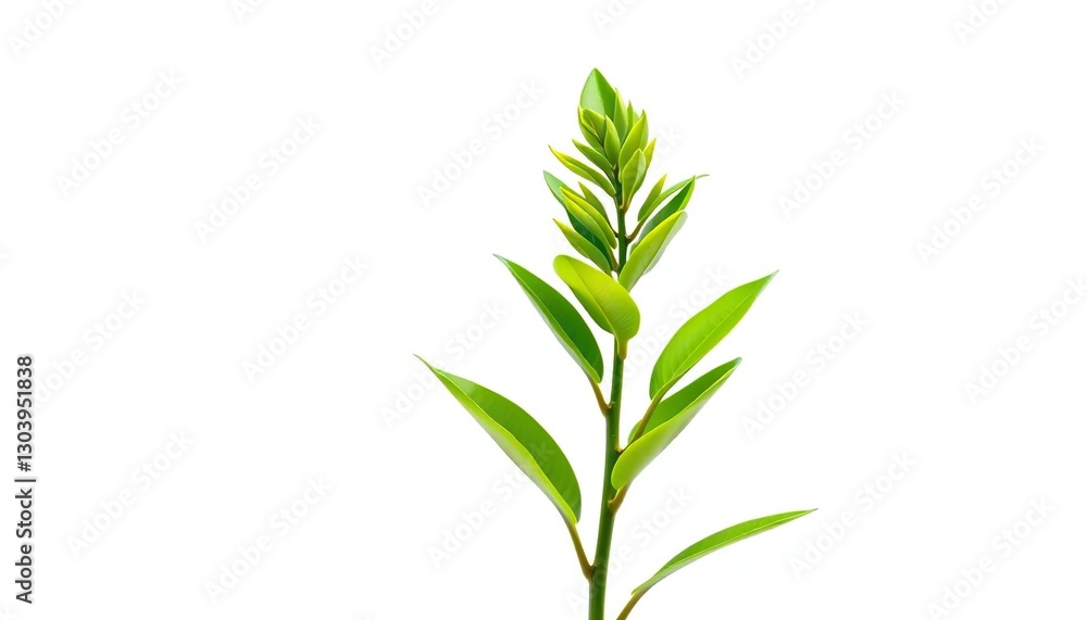 Naklejka premium Single vibrant green plant, isolated on pure white backdrop, leaves, flora
