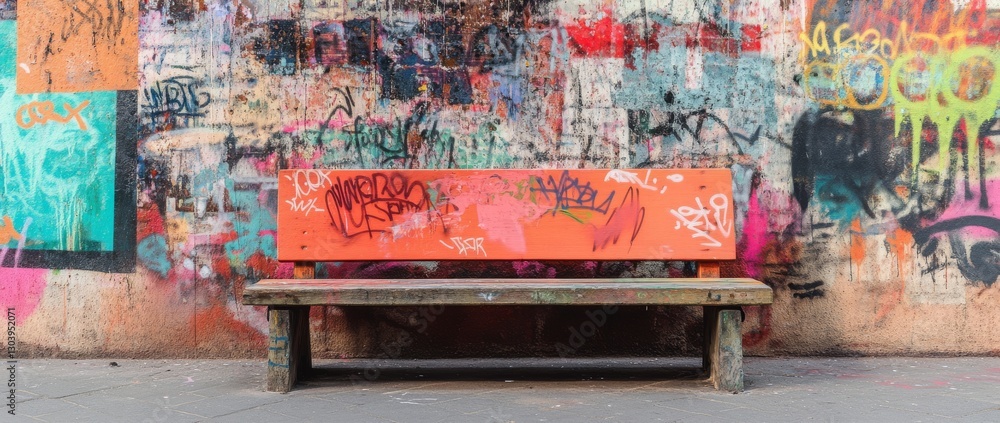 Fototapeta premium Colorful graffiti-covered wooden bench set against vibrant urban street art reflecting city culture and creative expression