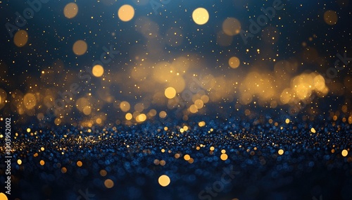 Abstract gold glitter particles on a blue background, with a bokeh effect, golden lights, and dots for a luxury design banner with a copy space area.
