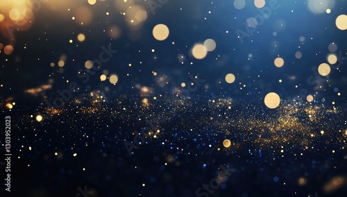 Abstract gold glitter particles on a blue background, with a bokeh effect, golden lights, and dots for a luxury design banner with a copy space area.
