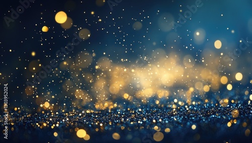 Abstract gold glitter particles on a blue background, with a bokeh effect, golden lights, and dots for a luxury design banner with a copy space area.
