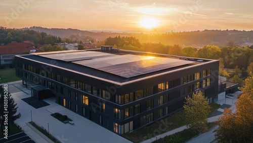 Aerial view of a modern black-roofed building with skylights and solar panels at sunset, showcasing energy efficiency in commercial architecture.