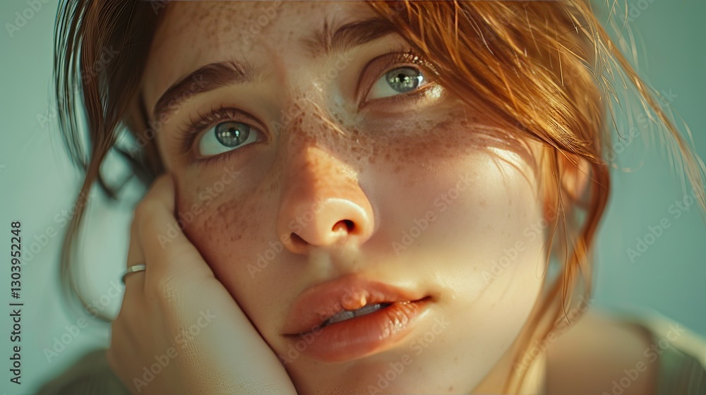 A beautiful woman with red hair gazes thoughtfully upwards A beautiful woman with red hair gazes thoughtfully upwards