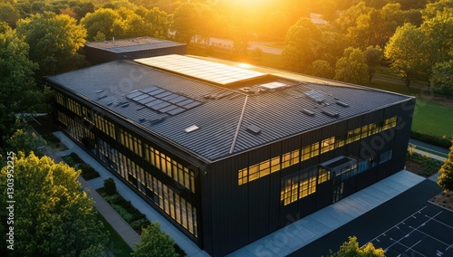 Aerial view of a modern black-roofed building with skylights and solar panels at sunset, showcasing energy efficiency in commercial architecture.