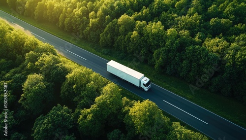 Aerial view of a white truck driving on a highway road in a green forest or nature park. Concept for business, transport, and harmony with the environment.