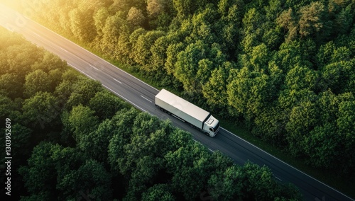 Aerial view of a white truck driving on a highway road in a green forest or nature park. Concept for business, transport, and harmony with the environment.