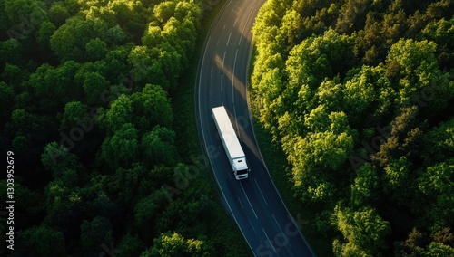 Aerial view of a white truck driving on a highway road in a green forest or nature park. Concept for business, transport, and harmony with the environment.