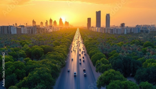 An aerial view of one of the most famous roads in Saudi Arabia, showcasing its lush greenery and traffic flow during sunset. The road is flanked by trees on both sides,