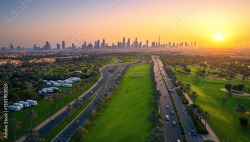 An aerial view of the large park. The photo shows an open field with grass and trees on one side,