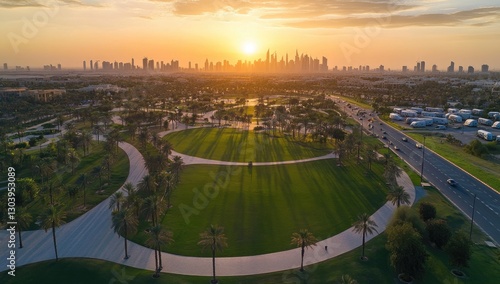An aerial view of the large park. The photo shows an open field with grass and trees on one side,