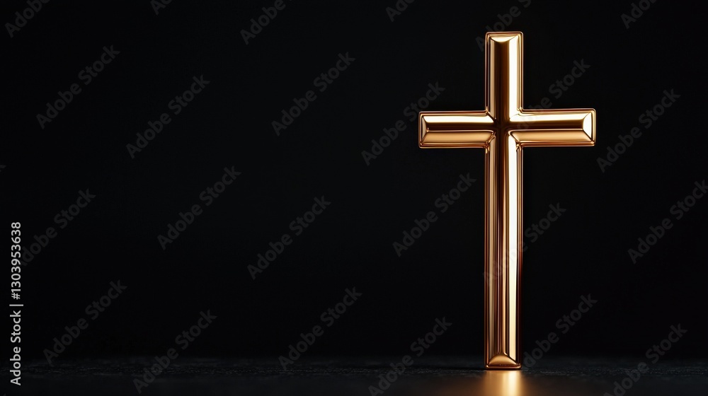 Naklejka premium Golden cross displayed against dark background religious symbolism still life art indoor setting close-up perspective spiritual reflection