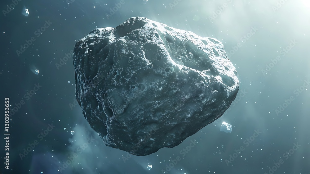 Asteroid in Space Surrounded by Glowing Cosmic Particles and Distant Celestial Bodies