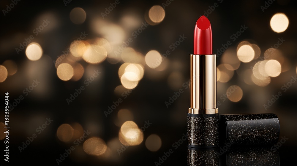 Luxurious red lipstick display on reflective black surface glamorous makeup photography chic environment close-up perspective Luxurious red lipstick display on reflective black surface glamorous makeup photography chic environment close-up perspective