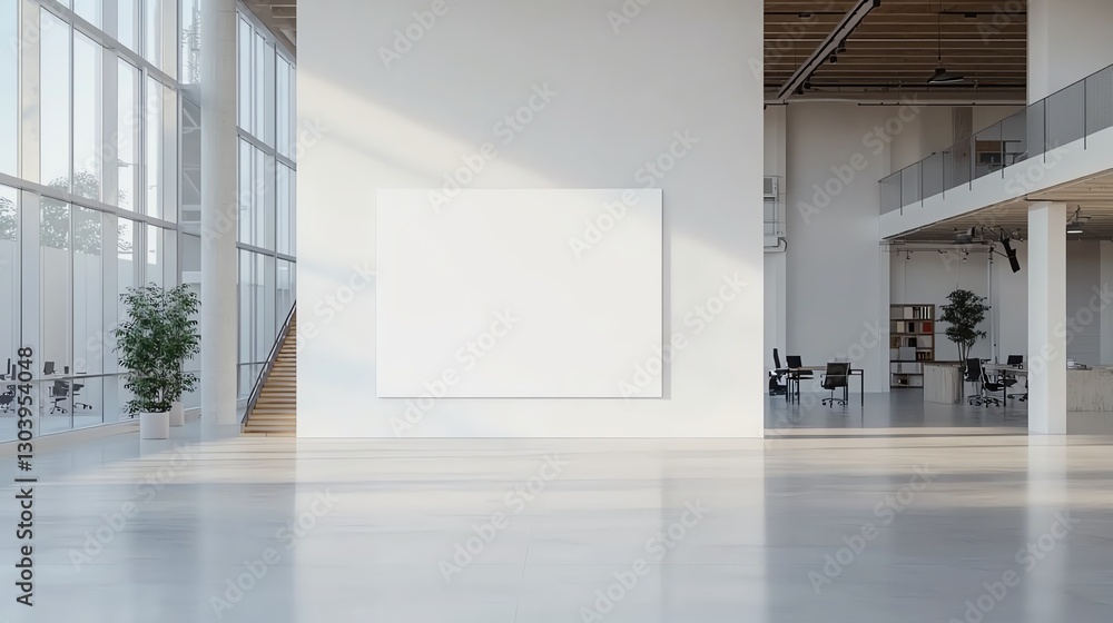 Modern office space with large windows, empty painting on wall. Minimalist design.