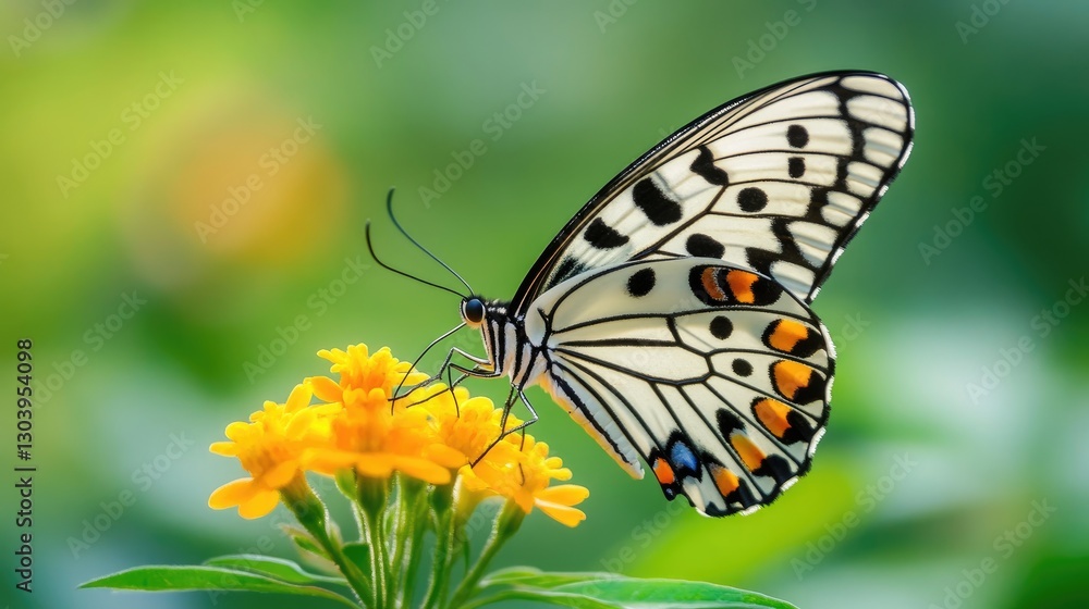 A close-up of a butterfly with bold colors and patterns perched on a bright flower, framed by softly blurred greenery A close-up of a butterfly with bold colors and patterns perched on a bright flower, framed by softly blurred greenery