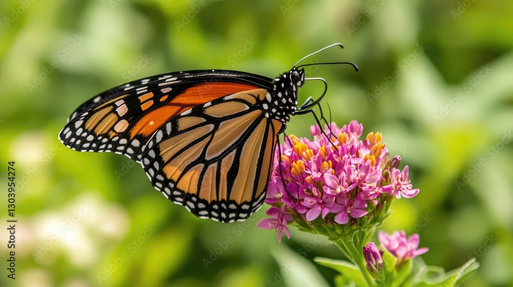 A colorful butterfly delicately perched on a bright flower, with a softly blurred green background adding depth to the scene A colorful butterfly delicately perched on a bright flower, with a softly blurred green background adding depth to the scene