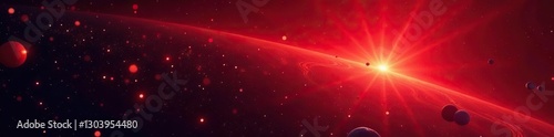Distant stars and planets with bright light against a dark red spiky background, red color scheme, cosmos