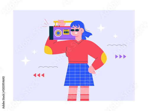 Young girl listening radio illustration. Generation Z illustration. Flat vector illustration concept.