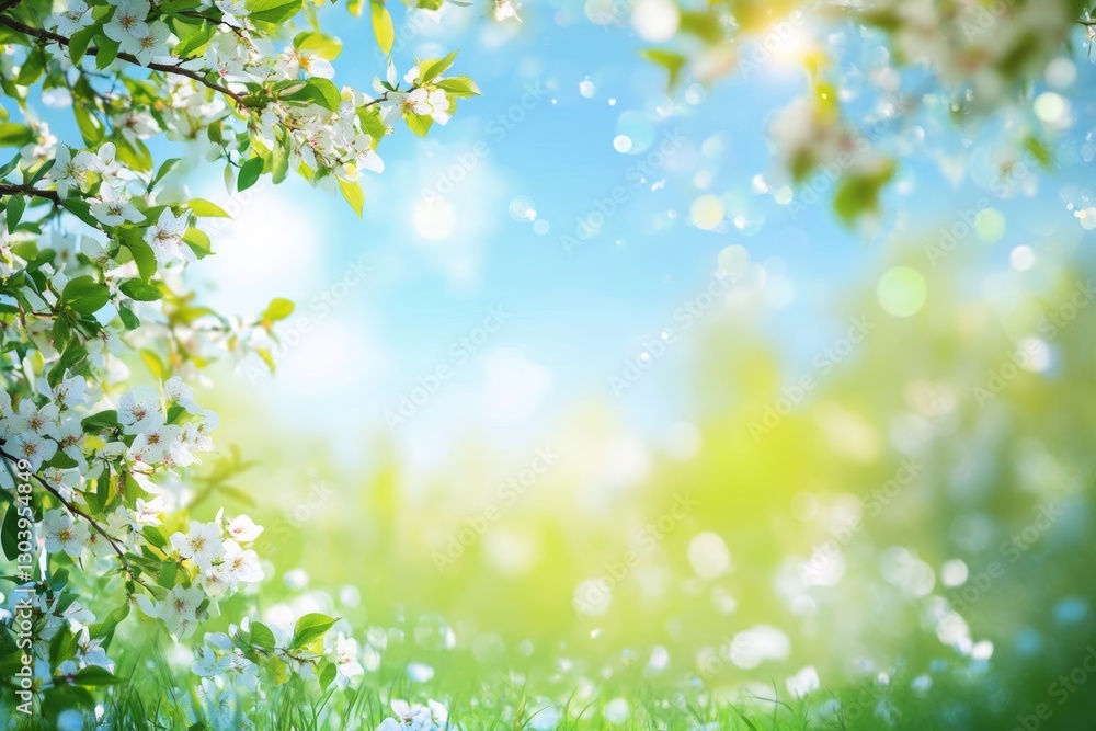 Stunning spring nature background blooming meadow, trees, and blue sky with ample text space Stunning spring nature background blooming meadow, trees, and blue sky with ample text space