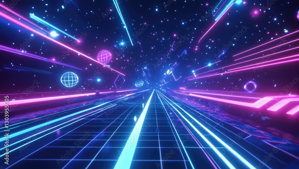 Retro arcade game-inspired neon-lit tunnel with laser beams and floating geometric shapes, ideal for gaming visuals, digital advertising, and VR/UI designs. Retro arcade game-inspired neon-lit tunnel with laser beams and floating geometric shapes, ideal for gaming visuals, digital advertising, and VR/UI designs.
