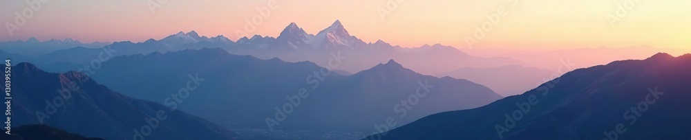 Fototapeta premium Soft dawn light casts shadows on mountain peaks, gradient sky, natural