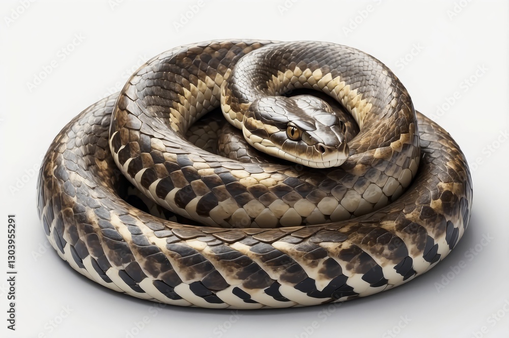 A coiled brown and black snake on a white background. A coiled brown and black snake on a white background.