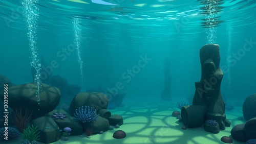 Fototapeta Naklejka Na Ścianę i Meble -  Serene Underwater Scene Cartoon Style Ocean Floor with Rocks, Coral, and Bubbles