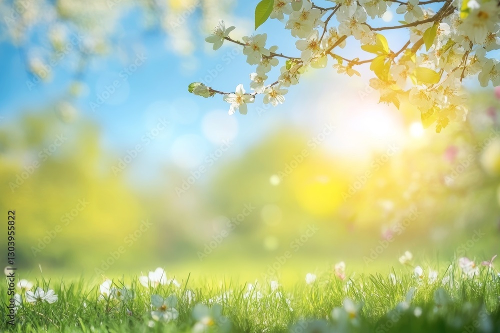 Vibrant spring nature scene blurred background of blooming meadow and trees under clear blue sky Vibrant spring nature scene blurred background of blooming meadow and trees under clear blue sky