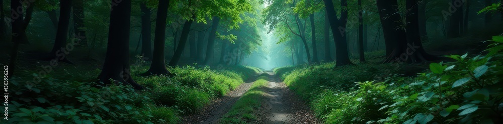 Fototapeta premium Overgrown crossroads in a dark, shadowy forest , detail, trees