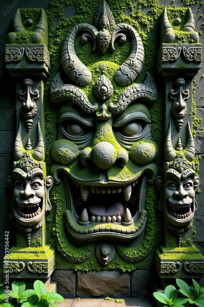 Obraz premium Moss-covered Balinese wall, carved demon faces, mythology, stone wall