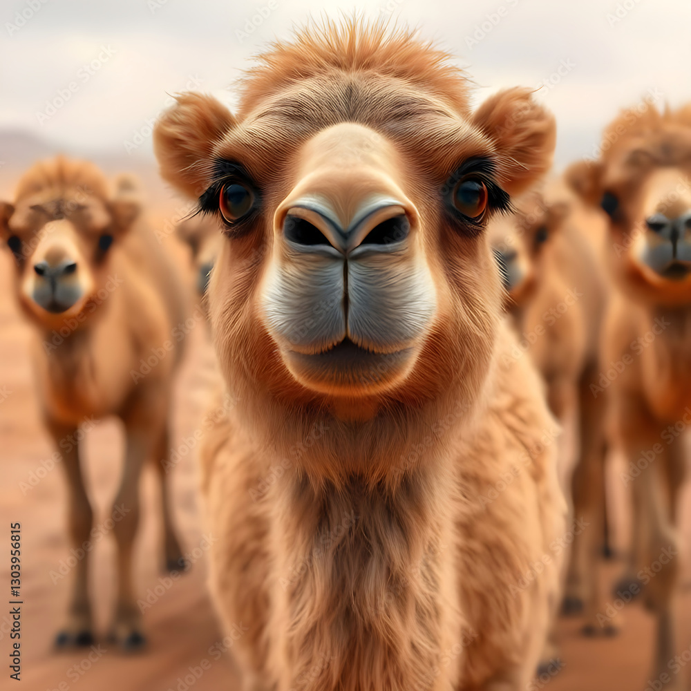 Obraz premium Behold, mesmerizing spectacle of a majestic caravan of camels traversing boundless expanse of desert,