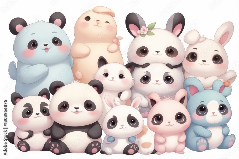 Naklejka premium Adorable cartoon pandas, bunnies, and other animals huddled together.