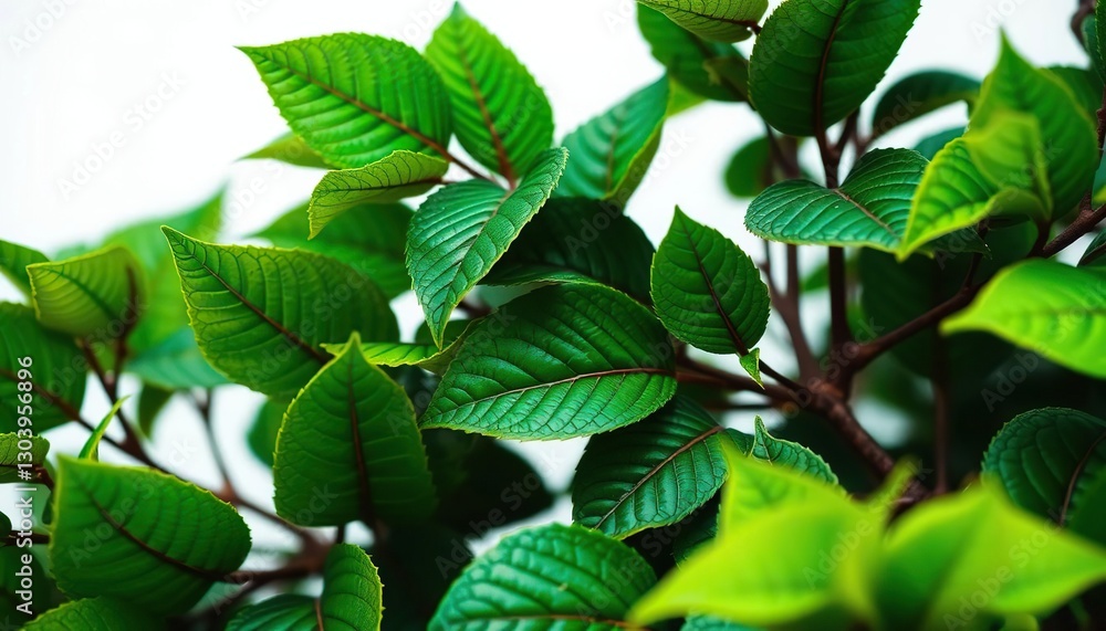 Vibrant green leaves, intricate details, crisp white backdrop, bright, natural Vibrant green leaves, intricate details, crisp white backdrop, bright, natural