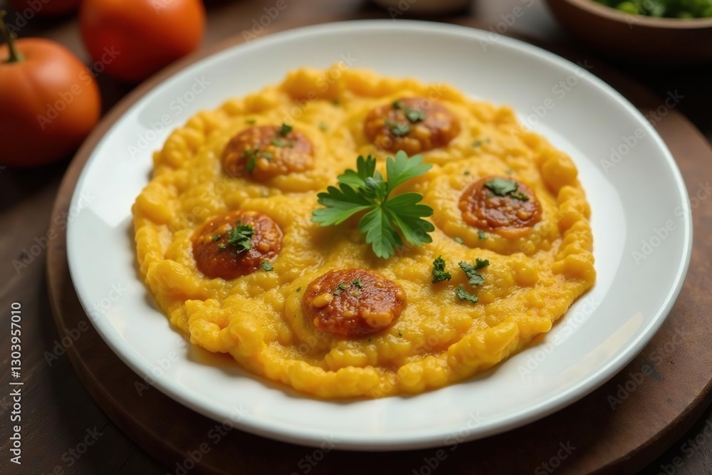 White plate with litti, ghee and coriander chutney, ghee, Uttar Pradesh White plate with litti, ghee and coriander chutney, ghee, Uttar Pradesh