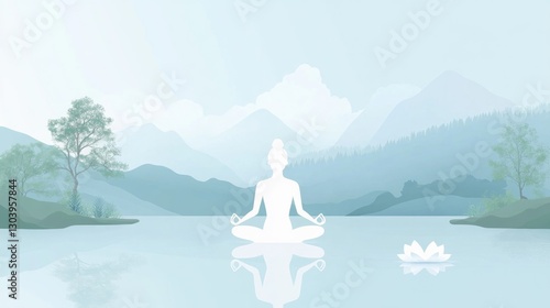illustration of serene yoga and meditation practice in tranquil setting utilizing flat design with graceful poses soft