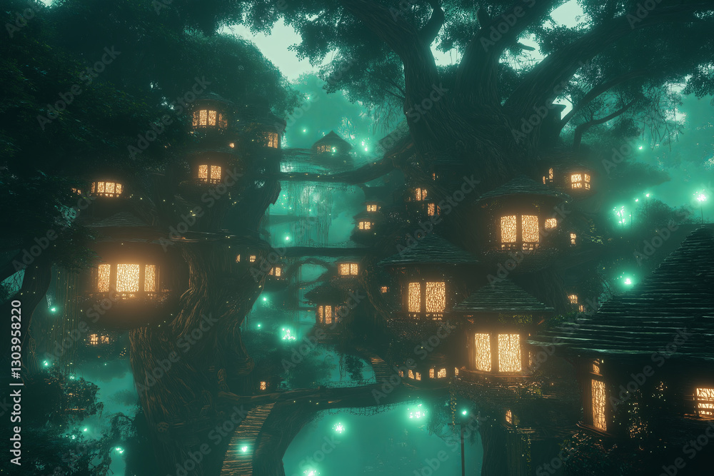 Enchanted Forest City – Emerald Stone Structures, Glowing Vines, and Mystical Creatures in a Hidden Wonderland
