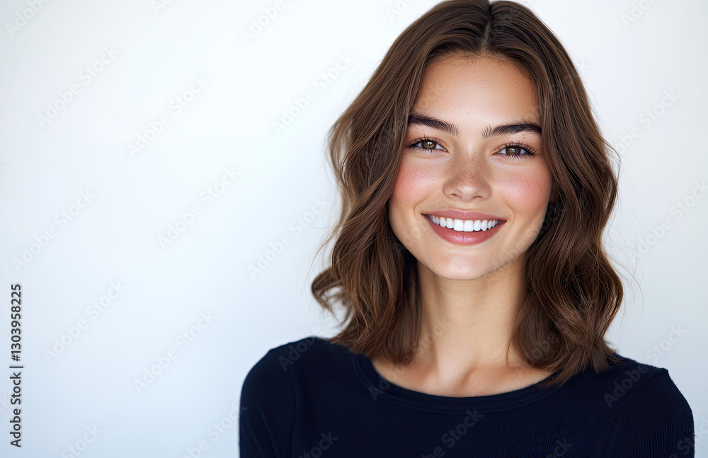 Young woman with wavy hair smiling warmly against a plain background, exuding confidence and joy Young woman with wavy hair smiling warmly against a plain background, exuding confidence and joy