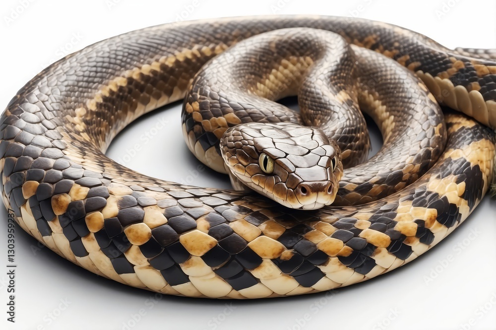 Obraz premium Close-up of a coiled snake with black and tan scales on a white background.