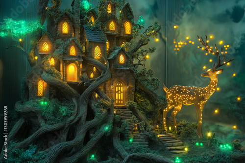 Enchanted Forest City – Emerald Stone Structures, Glowing Vines, and Mystical Creatures in a Hidden Wonderland