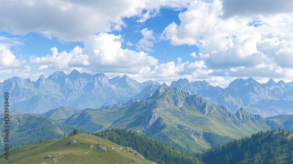 Fototapeta premium Panoramic View of Majestic Mountain Range Under a Blue Sky with Fluffy Clouds