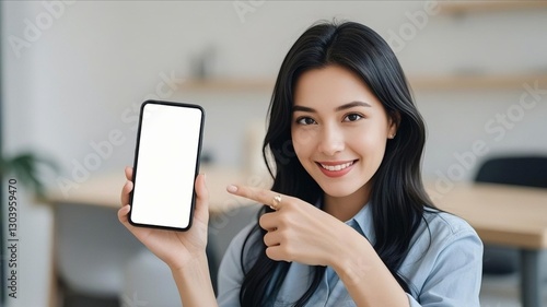 image of a woman pointing her finger at a cell phone with a blank white screen, blurred background,office,smartphone