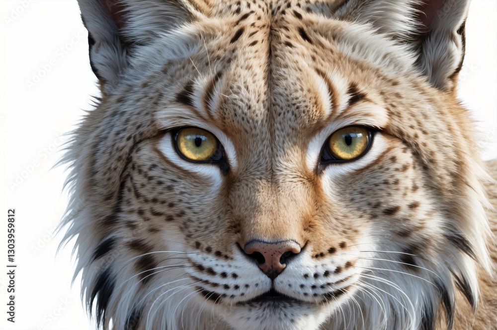 Close-up of a lynx's face, showcasing its fur, eyes, and whiskers against a white background. Close-up of a lynx's face, showcasing its fur, eyes, and whiskers against a white background.