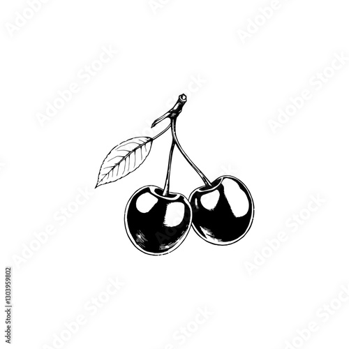 Hand drawn cherry vintage illustration. Engraving style black and white on white backgrounds. Vector